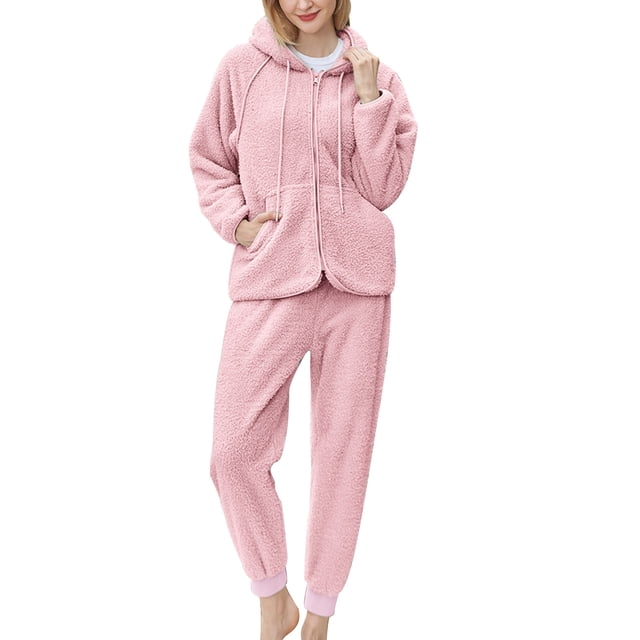 Timegard Womens 2 Piece Pajamas Fleece Linen Hooded Drawstring V Neck Zip up Jackets Cinch Bottom Pants with Pockets Sets