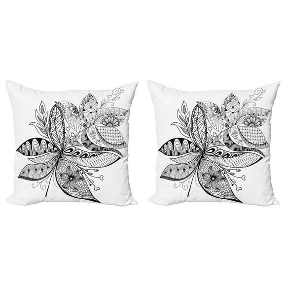 Ambesonne Ethnic Throw Pillow Cover 2 Pack, Eastern Ornate Flower, 18", Black White