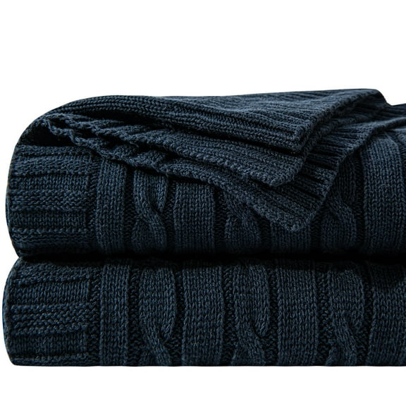 Ntbay 100% Cotton Cable Knit Throw, Super Soft Warm Knitted Blanket Home Decor, 51"x67", Navy Blue