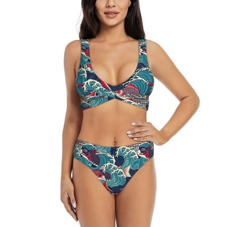 Zeuib Fish In The Wave High Waisted Tummy Control Bikini Set - Knot Front Push Up Top & Cheeky Thong Bottom  Two-Piece Swimsuit for Women-Medium