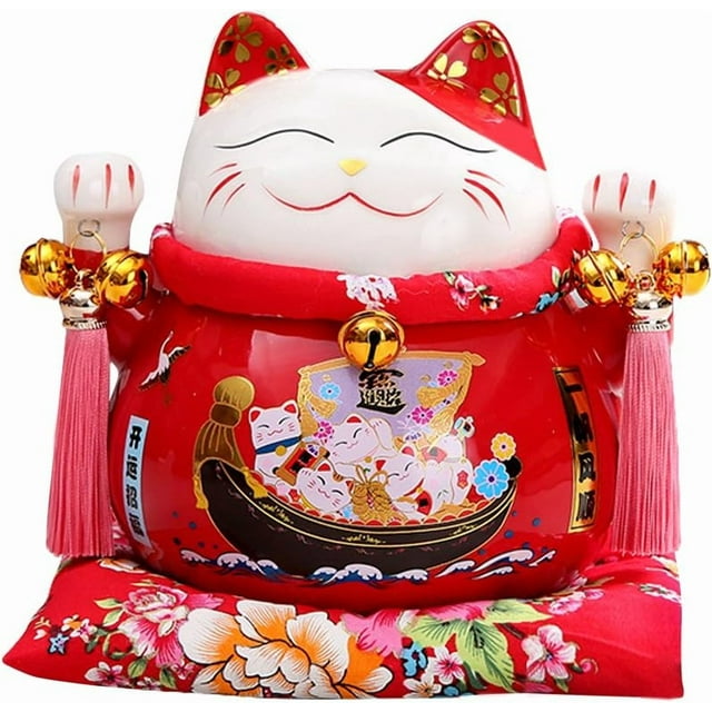 Tgfer Nouveau Grand Chat Chanceux en Céramique 7 Pieds Maneki Neko Style Banque de Pièces Ship au Trésor