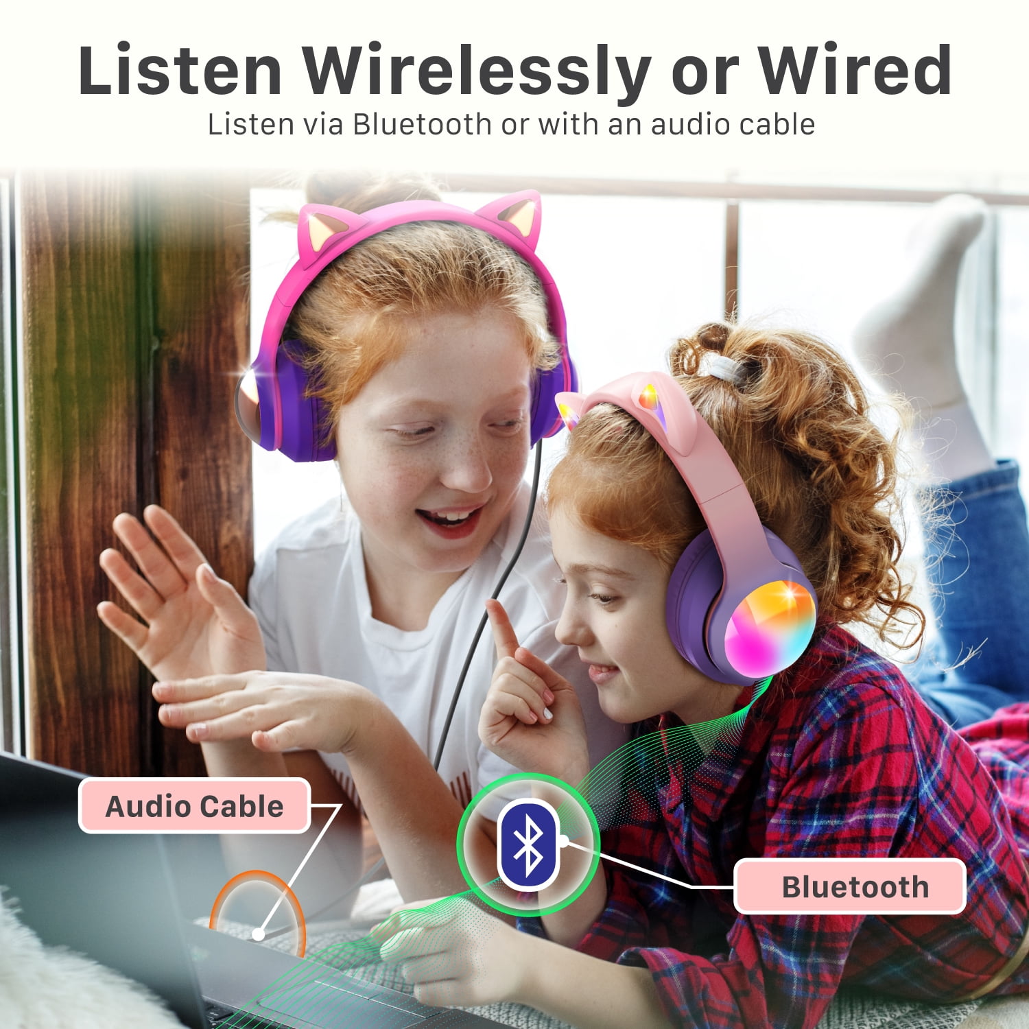 FosPower Kids Bluetooth Headphones with LED Cat Ears (85/94dB Volume Limit & 60H Play Time) Foldable Wireless/Wired Headset with 3.5mm Cable for School/Travel - Hot Pink/Purple