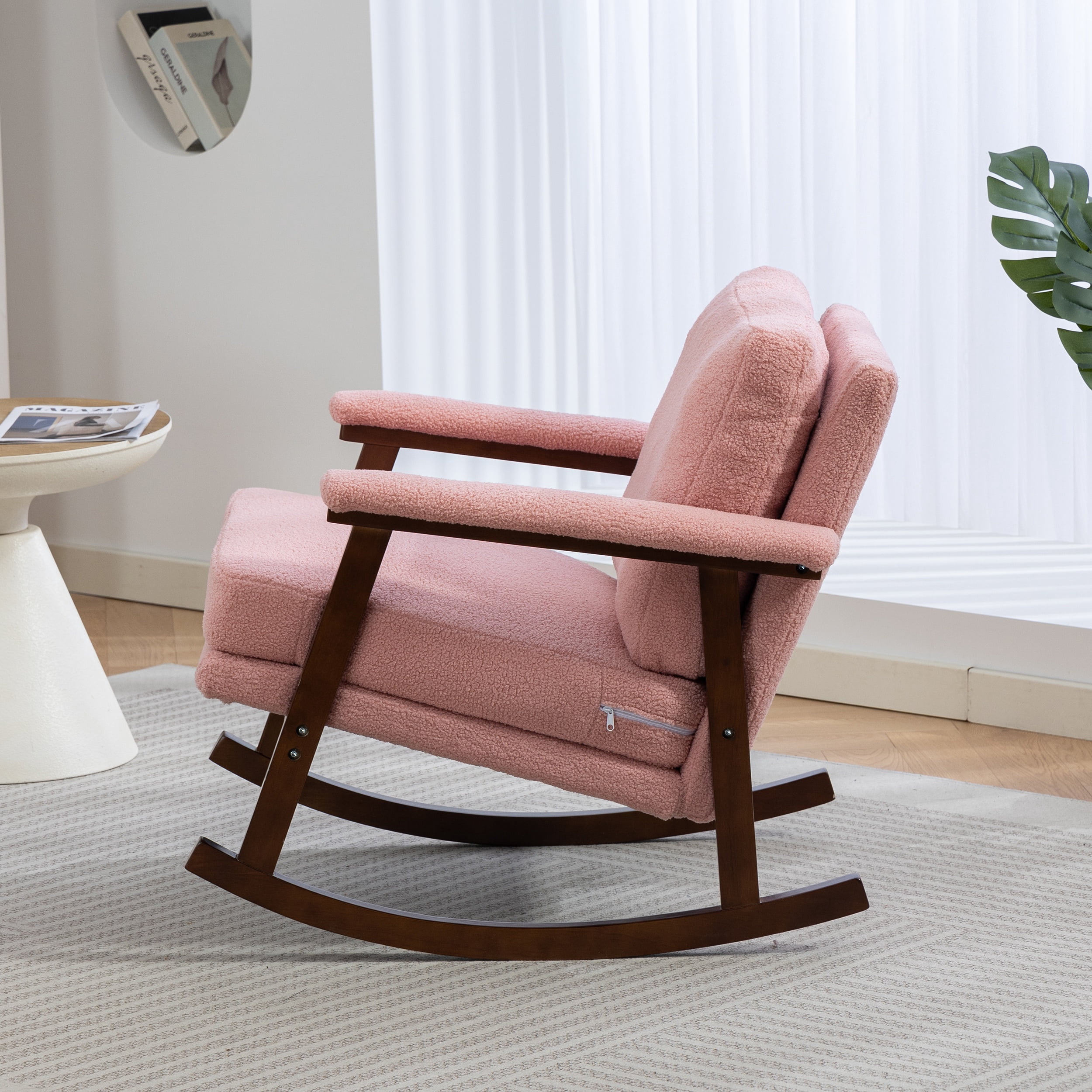 Paproos Rocking Chair, Paproos Velvet Upholstered Rocker Chair, Glider Rocker Accent Chair with Cushion, Rocking Chair for Nursery, Armchair Reading Chair for Living Room Bedroom, Pink