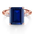 thumbnail image 2 of Gem Stone King 18K Rose Gold Plated Silver 12X10MM Blue Simulated Sapphire and 2MM White Moissanite 3 Stone Engagement Ring for Women | 6.78 Cttw | Gemstone September Birthstone | Size 9, 2 of 3