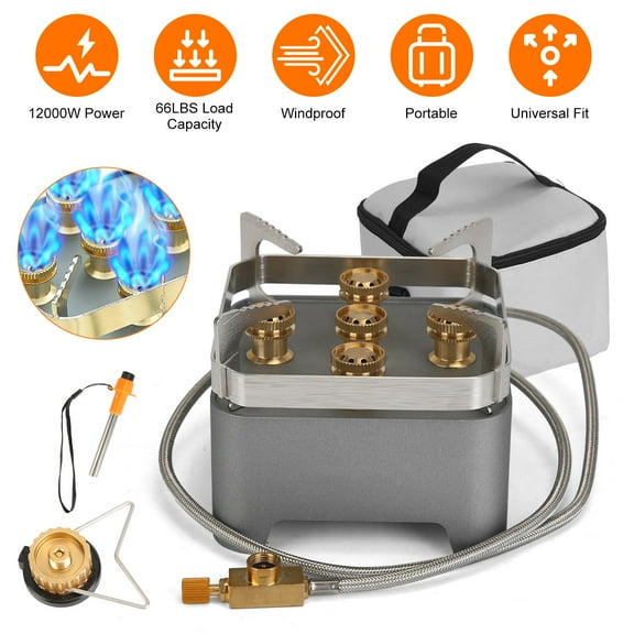 Moclever 12000W Portable Camping Stove, Windproof Outdoor Camping Gas Stove with Cassette Adapter, Igniter, Carrying Case, Grey
