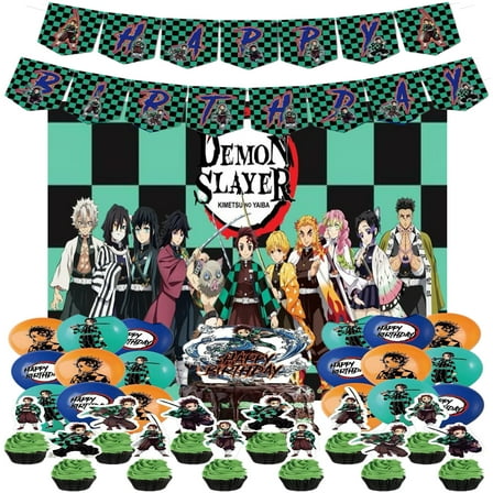 Kamado Tanjirou Birthday Party Supplies, Demon Slayer Themed Party Set, Include Happy Birthday Banner, Backdrop, Balloons, Cupcake Toppers, for Kids Birthday, Baby Shower
