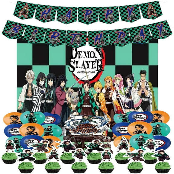 Kamado Tanjirou Birthday Party Supplies, Demon Slayer Themed Party Set, Include Happy Birthday Banner, Backdrop, Balloons, Cupcake Toppers, for Kids Birthday, Baby Shower