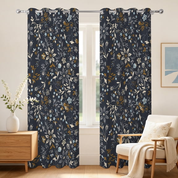Nanqianyi Boho Floral Blackout Curtains, Dark Gray Gold Blue Botanical Grommet Drapes for Living Room Bedroom, 2 Panels, 42"W x 63"L