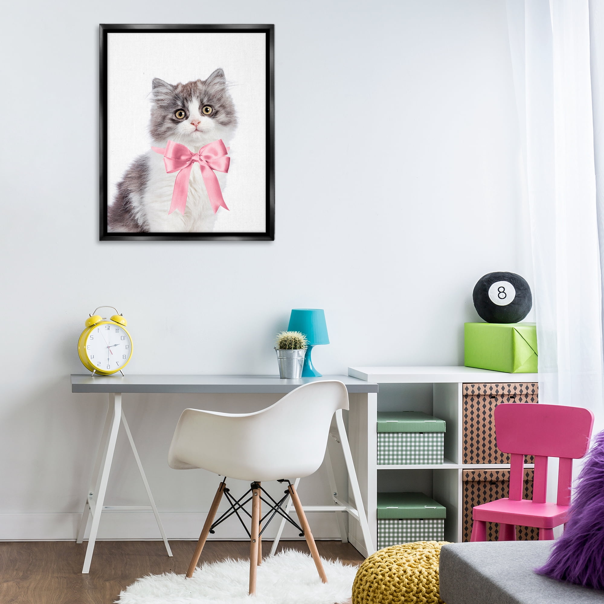 Stupell Industries Kitten with Pink Bow Animals Painting Black Floater Framed Canvas Art Print Wall Art, 25 x 31