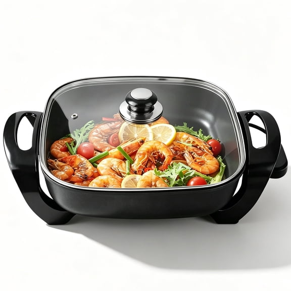 12 Inch 1500W Electric Frying Pan, Non-Stick Skillet with Glass Lid, Adjustable Temp, Heat Resistant Handle for Home Daily Cooking, Black