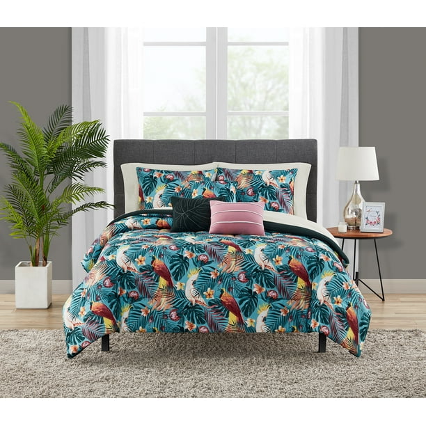 Mainstays Reversible Tropical Birds 10-Piece Bed in a Bag Bedding Set ...