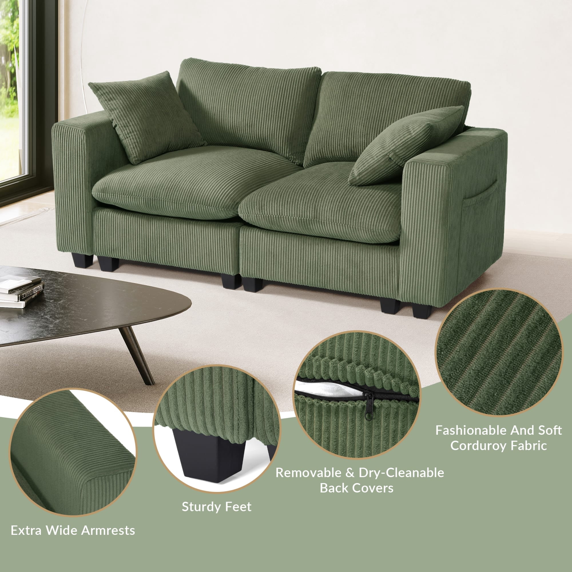 WestinTrends Hearthside 70" Modular Corduroy Loveseat Sofa With USB/Type-C Ports and Side Pockets, Olive Green