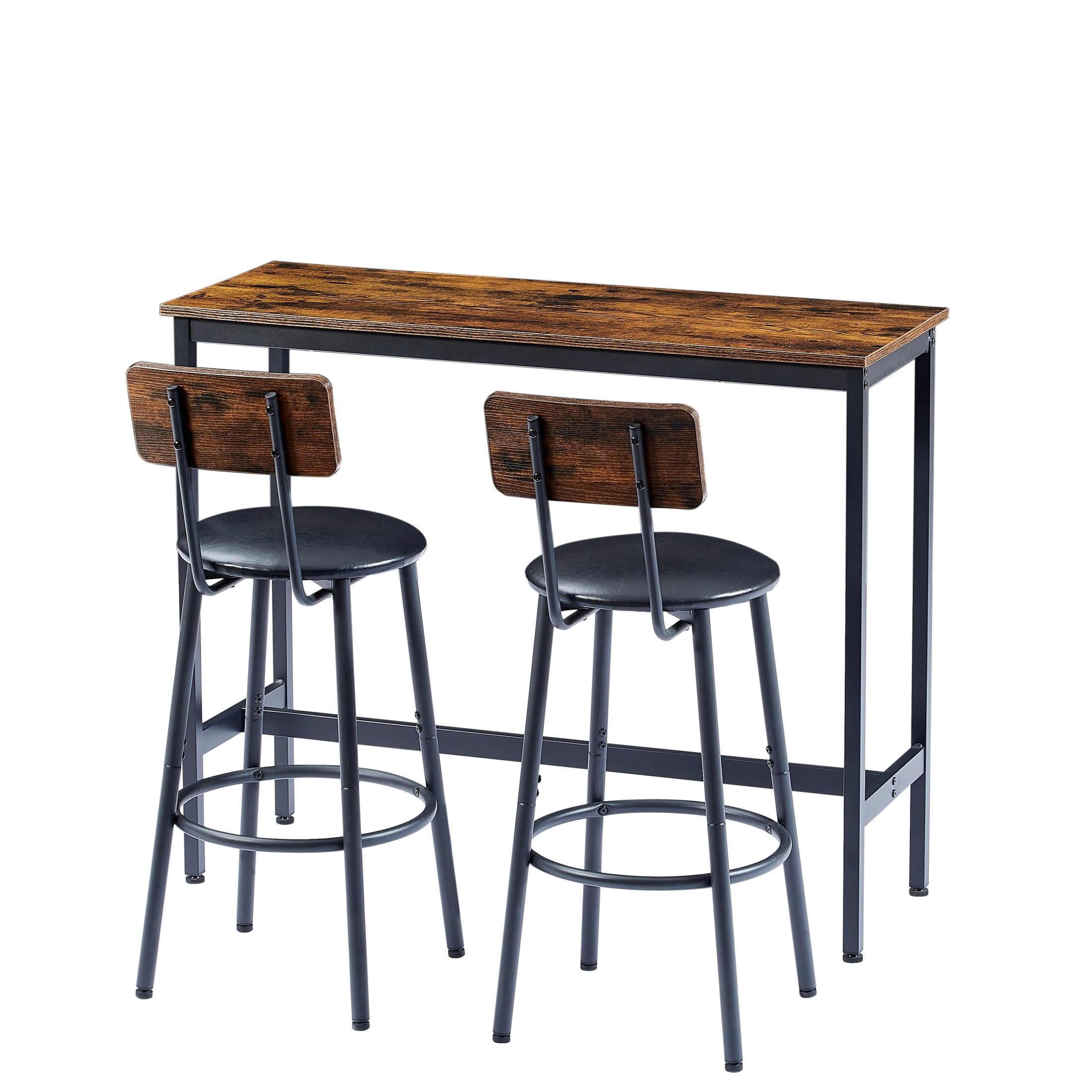Noble House Industrial 3-Piece Bar Set, Space-Saving Dining Table with 2 PU Upholstered Stools & Backrests, Rustic Brown
