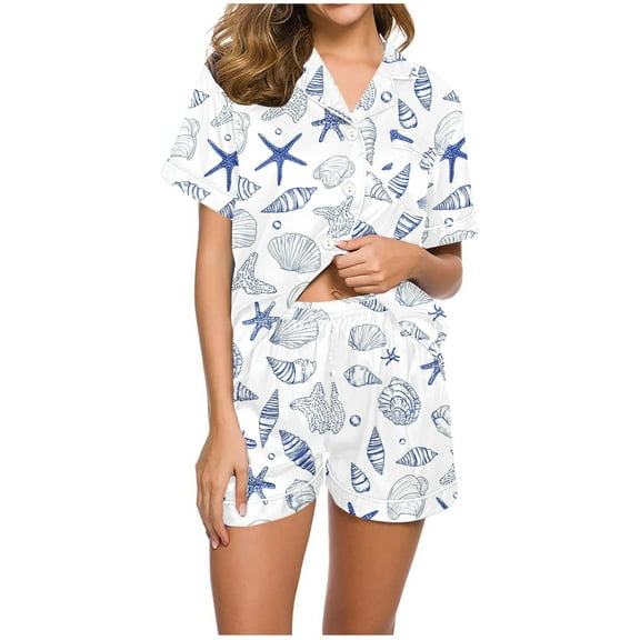 Tnhcen Cozy Sleepwear Pajamas Set Women's Print Short Sleeve Button Down Top Lounge Shorts Nightwear S-2XL