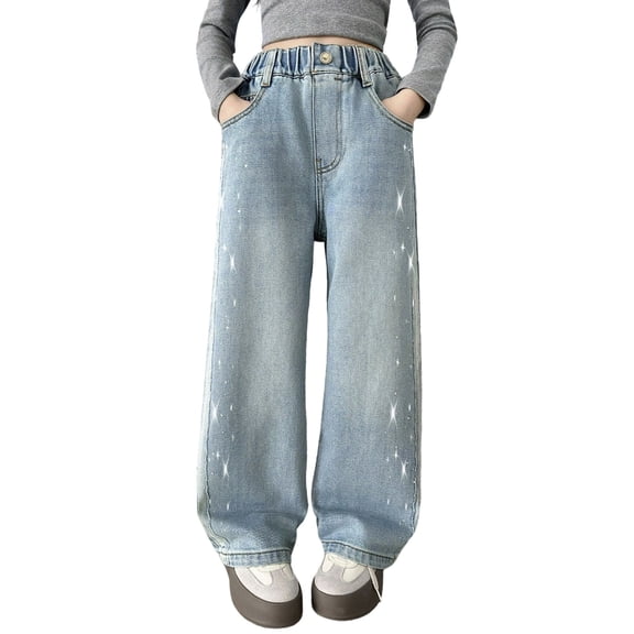 XEGLSBU Jeans for Girls Girls Denim Pants Straight Leg Loose Fit with Side Seam Rhinestone Embellishment for Daliy Wear Light Blue Size 15-16 Years