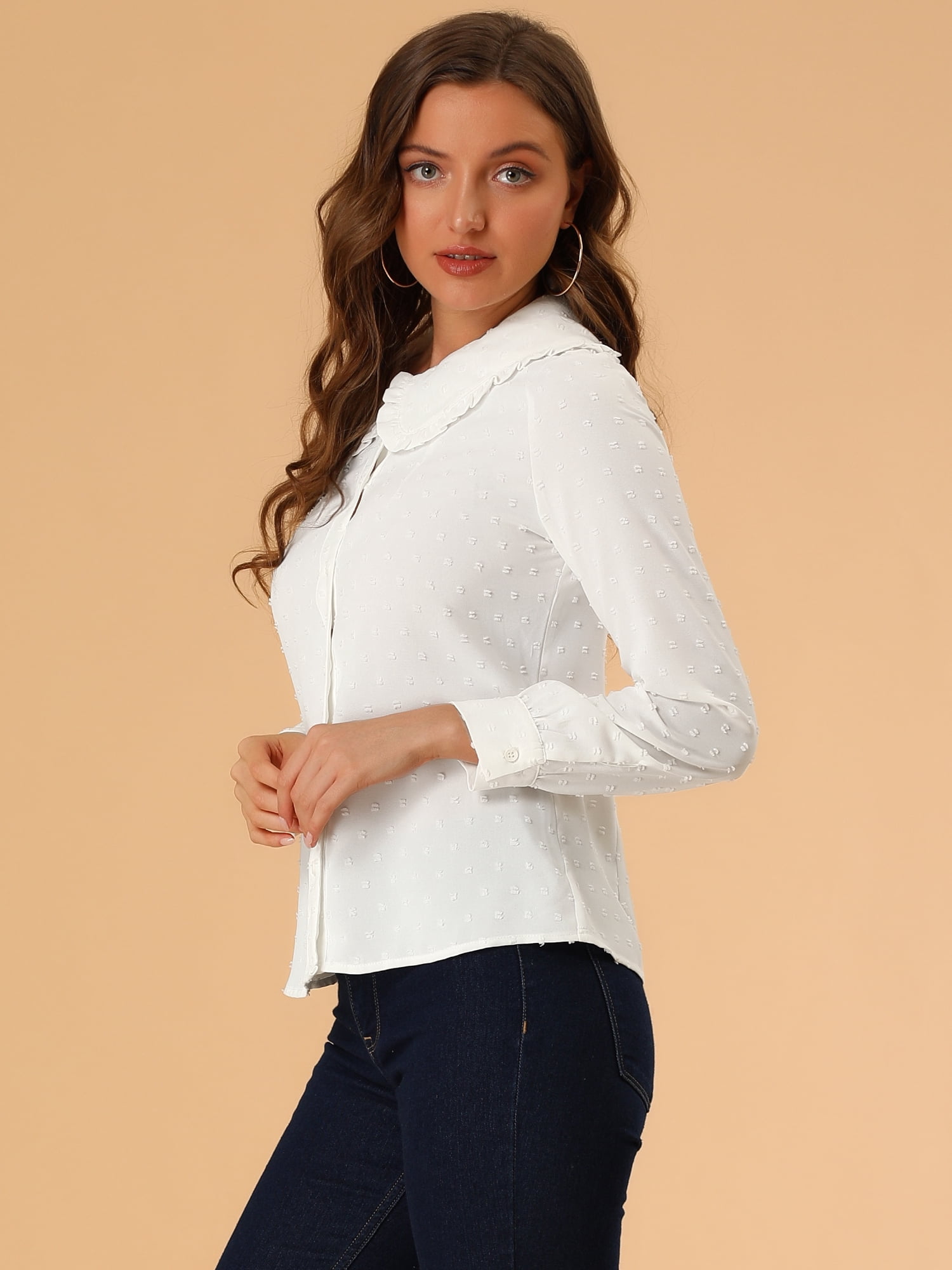 Unique Bargains Women's Swiss Dots Long Sleeves Peter Pan Collar Blouse L White