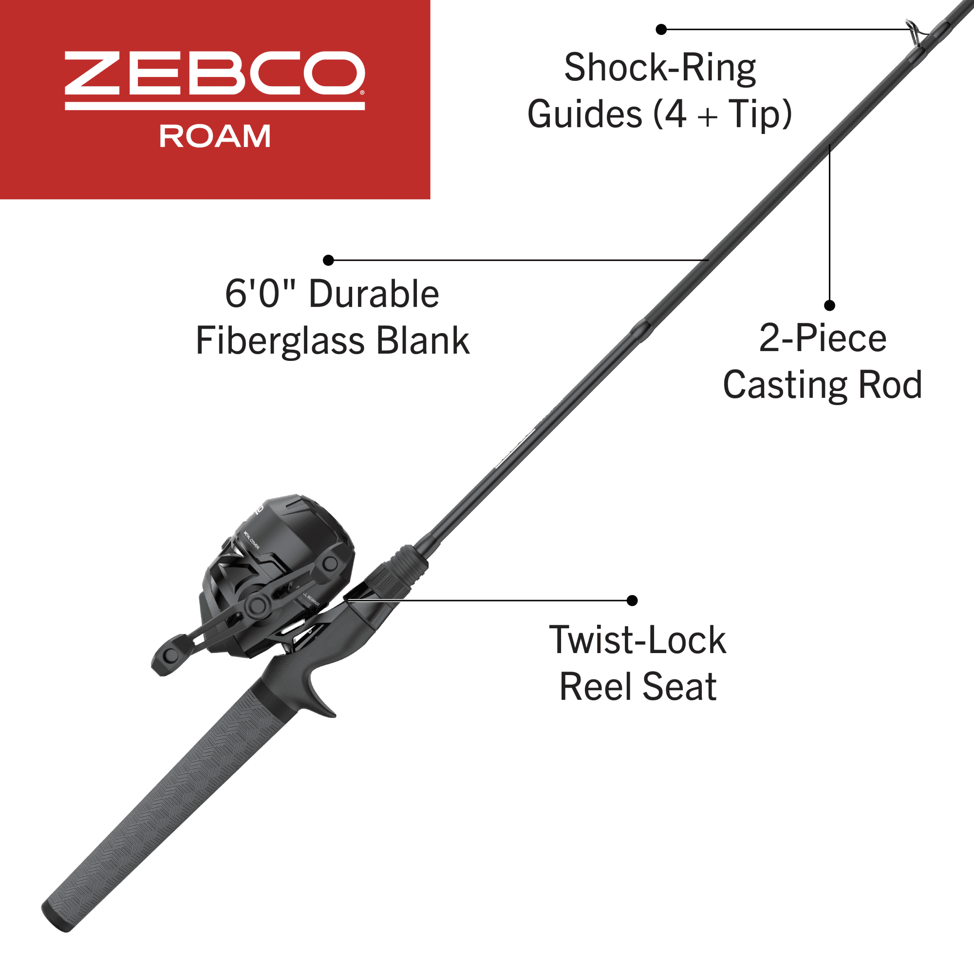 Zebco Roam Spincast Reel and Fishing Rod Combo, 6-Foot 2-Piece Fiberglass  Rod with ComfortGrip Handle, QuickSet Anti-Reverse Fishing Reel, Black