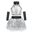 thumbnail image 2 of Alvivi Girls Modern Jazz Dance Outfit Shiny Sequins Halter Neck Crop Top Tutu Skirt Arm Sleeves 3Pcs Set 3-12, 2 of 7