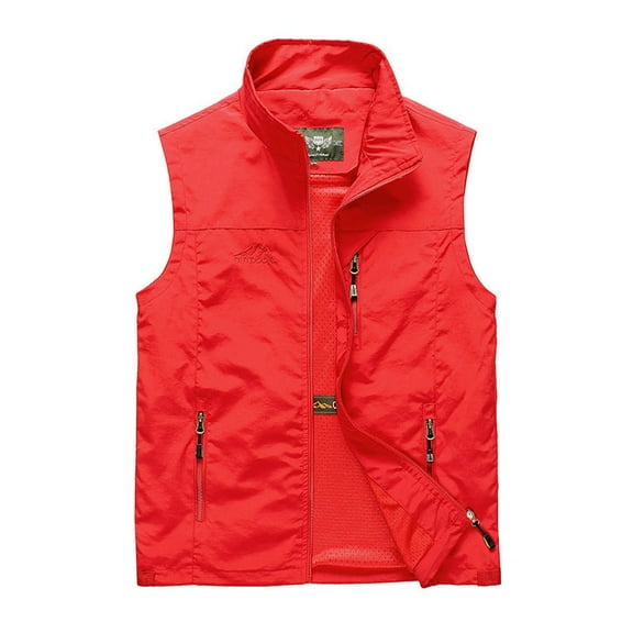 HOOMEUMY Mens Cargo Vest Stand Collar Jacket Fitness Design Casual Workout Sleeveless Clothes Fashion 2025 Trendy Classic Solid Coat Red XL