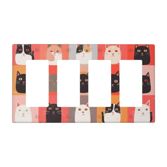 Cute Cat Meow Switch Cover Decorative Wall Plate / 4-Gang 4-Decor / Standard Size 4.5x8 in