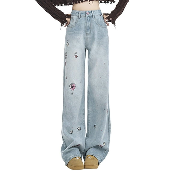 YDLCAFD Women Baggy Jeans Trousers With High Waist E Girl Style Streetwear Fashion Vintage Denim Trousers Loose Straight Leisure Trousers XXL