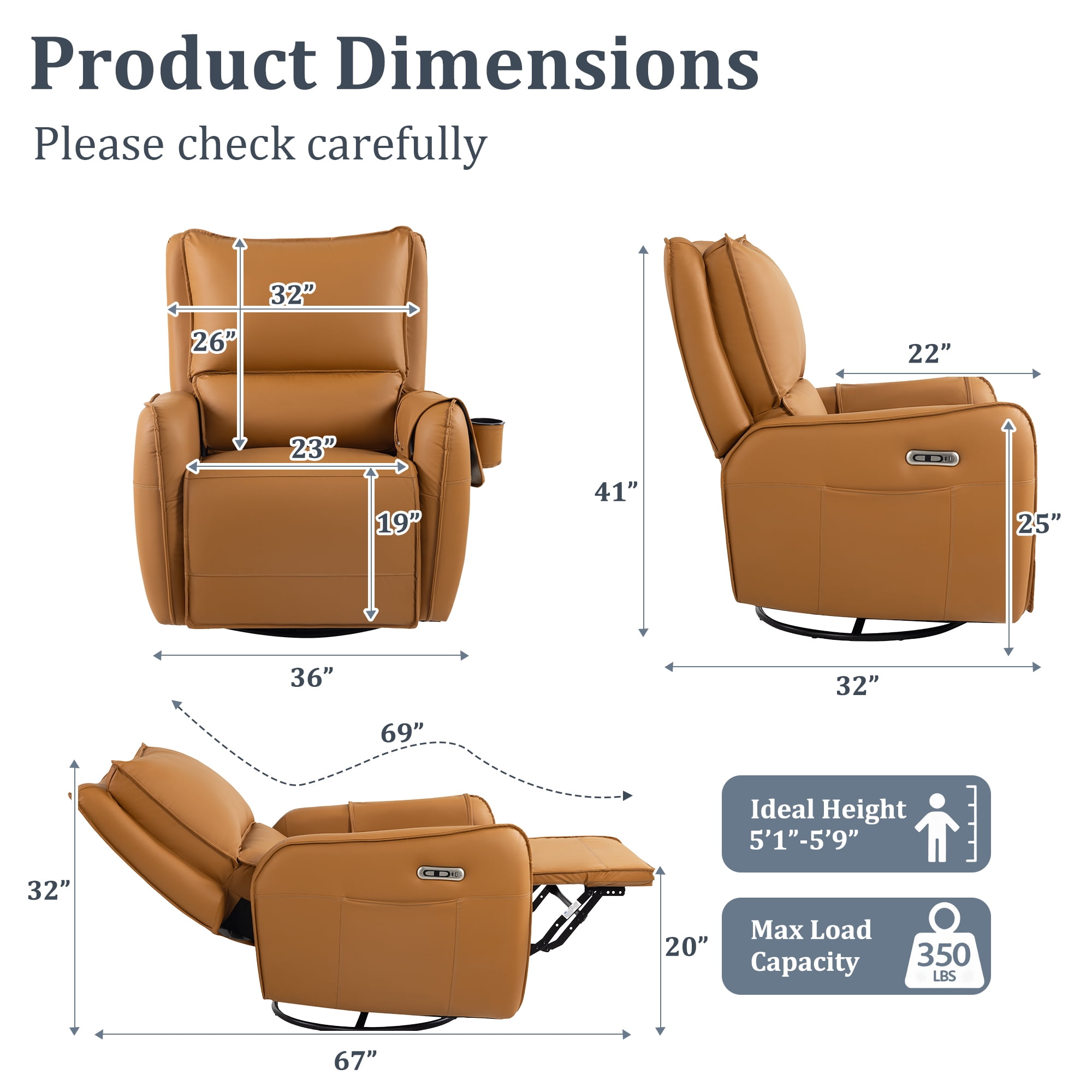 Power Recliner Rocking Chair Nursery Gliders, Electric Swivel Rocker Recliner Chair, Comfy Upholstered Living Room Reclining Chairs with Lumbar Support
