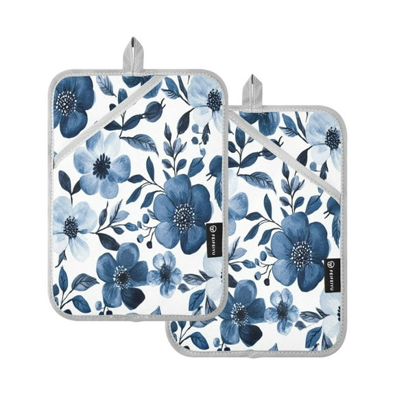 Two Pieces Of Square Heat Insulation Pad Oven Mitts 7x9.8 Inch Oven Microwave Kitchen Cooking Baking Beautiful Navy Flowers