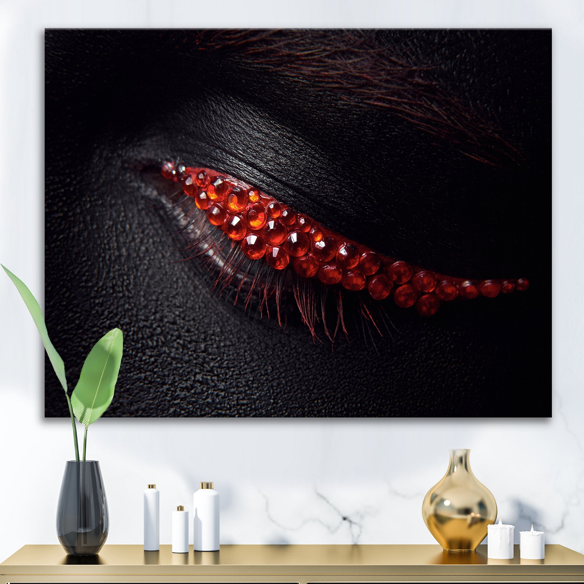 Designart ' Beautiful Black Skin Female Eye With Red Diamonds ' Modern Canvas Wall Art Print