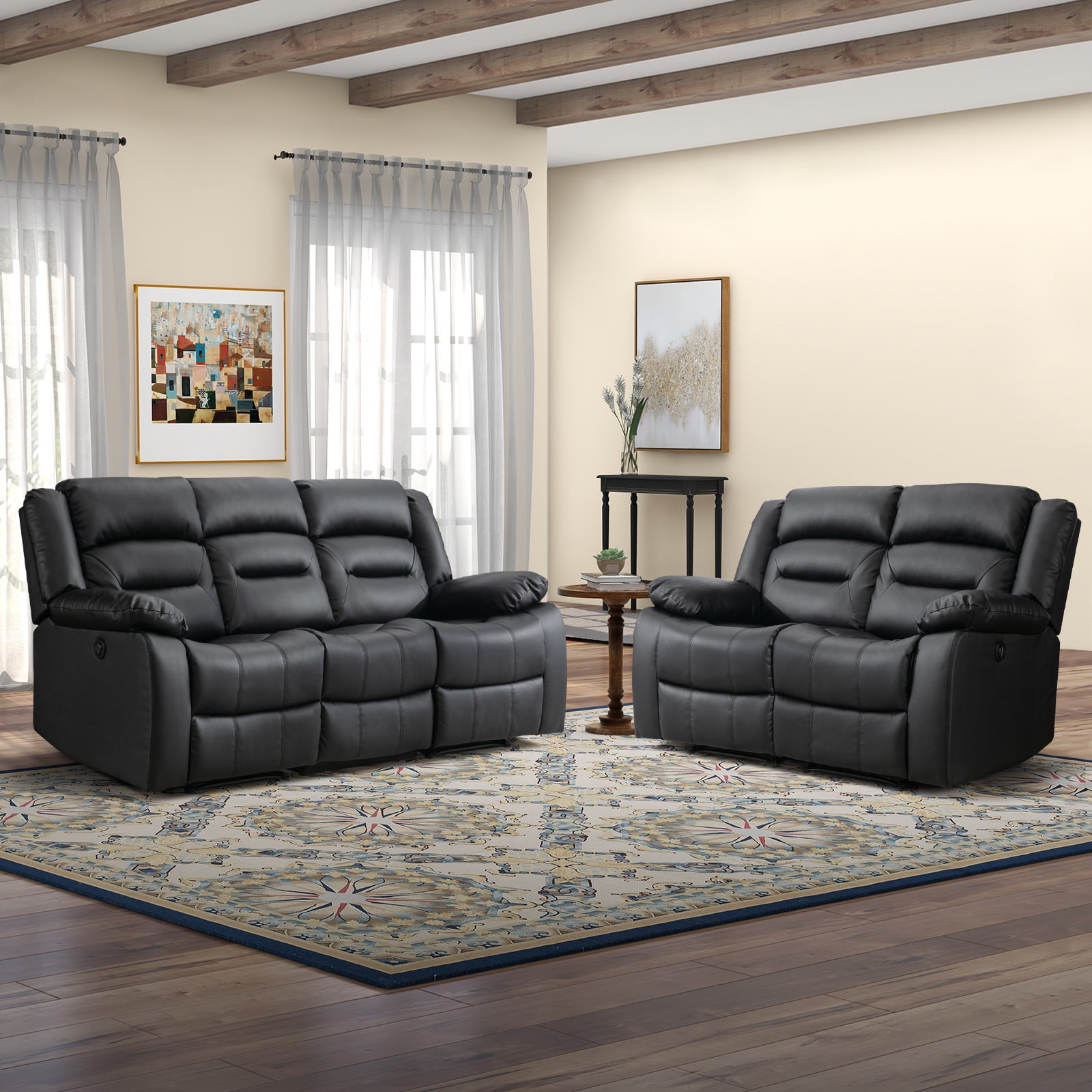 Bonzy Home Faux Leather Power Recliner Sofa Set, Electric Reclining Chair, Loveseat, and 3-Seat Sofa for Living Room, Bedroom, Office, Black