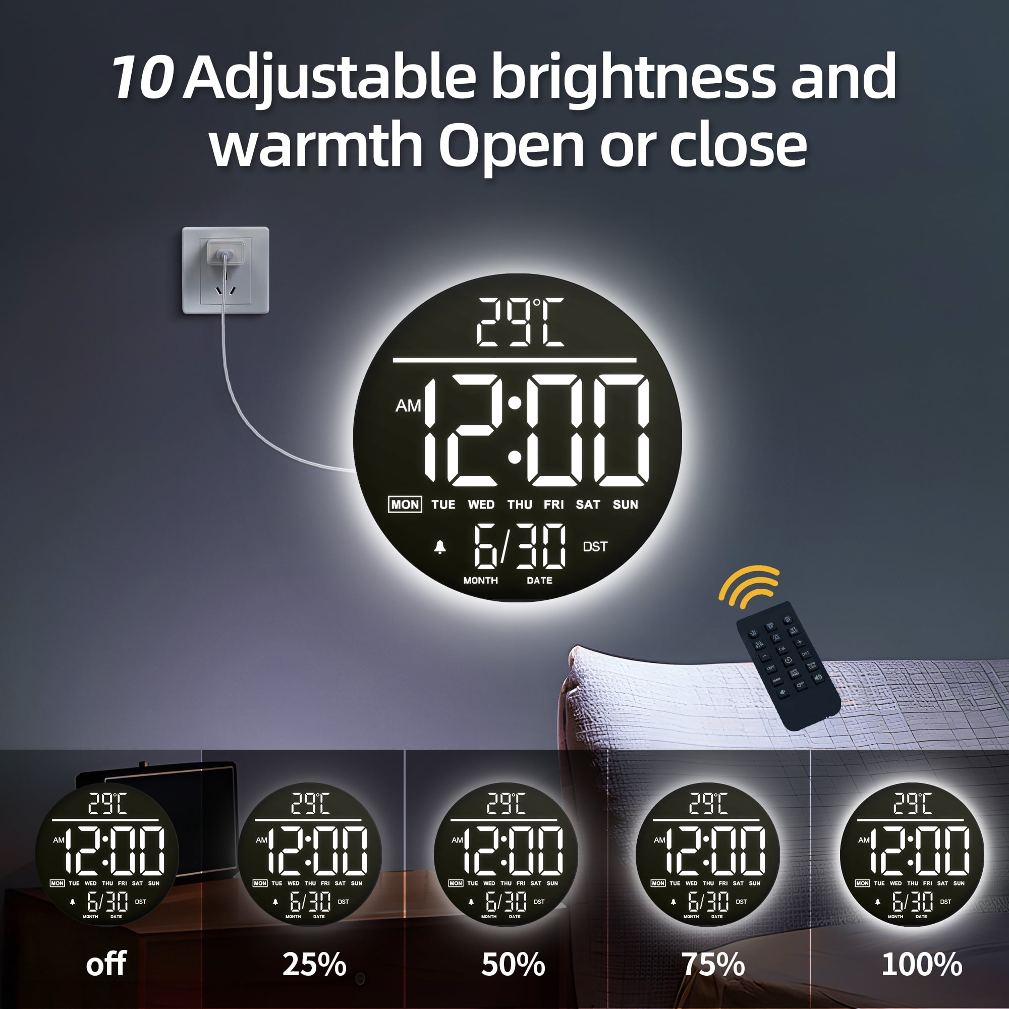 LEIKE 10" Large Digital Wall Clock with Seconds - Big LED Display RGB Color - Auto DST, Temperature & Countdown Timer - Electric Wall Mounted Digital Clock for Bedroom, Living Room, Office, Gym