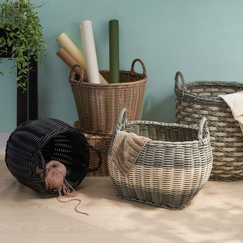 Round cone woven resin wicker basket with handles 16"x16"x10.5" chocolate brown for clothes towels canvas toys magazines storage and home decoration