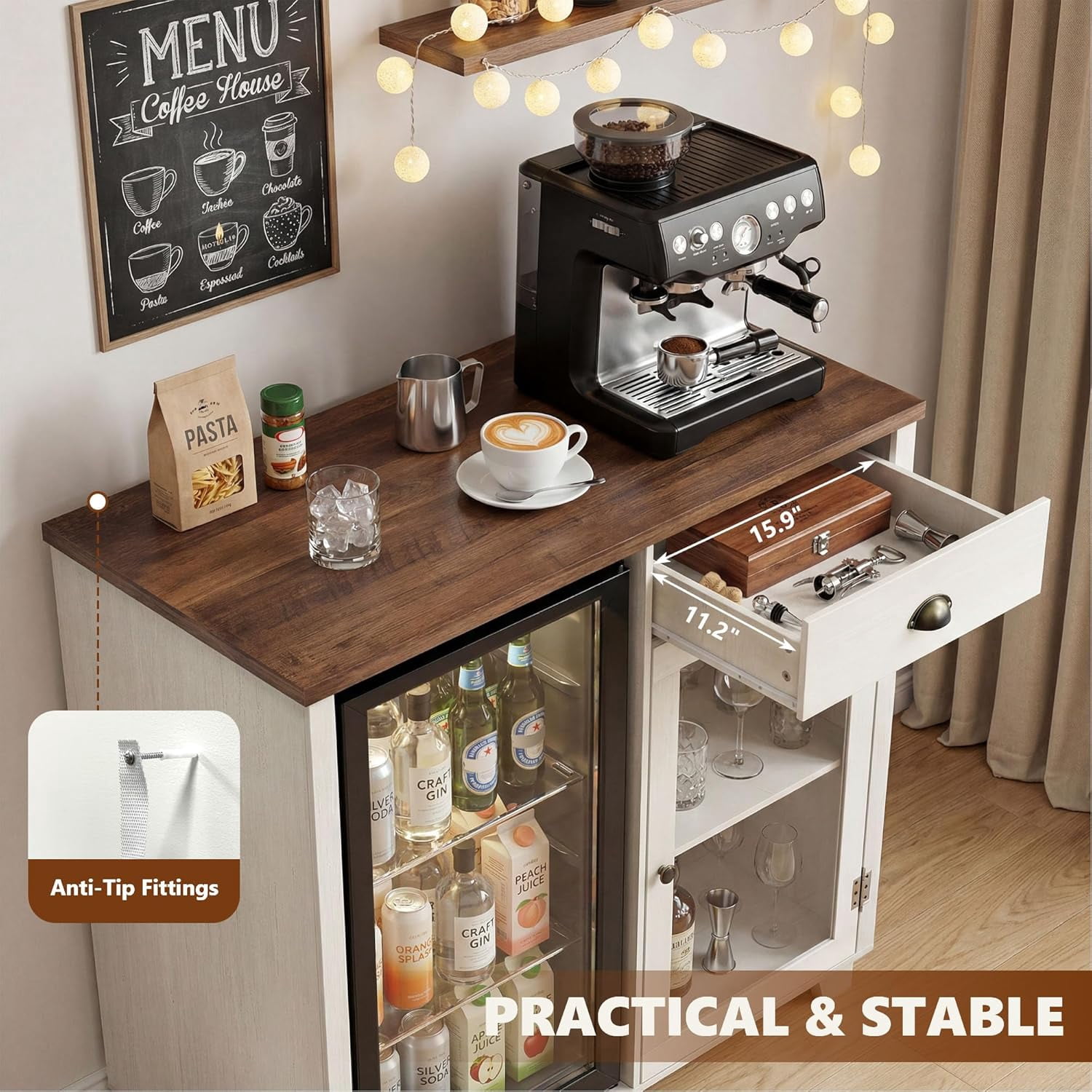 LAZZO Bar Cabinet with Mini Fridge Space, 41.7“ Storage Cabinet with Power Outlet and Goblet Holder for Kitchen, Dining and Living Room