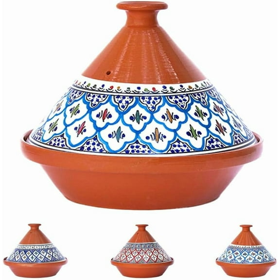 EnjinZZ Tagine Pot for Cooking and Flavor Enrichment - Large Clay Pot 12”, 5.5 QT - Non-Stick Handmade Cookware - Moroccan Ceramic Pots for Cooking with Lid & Serving Bowl - Bohemian Classic Turquoise