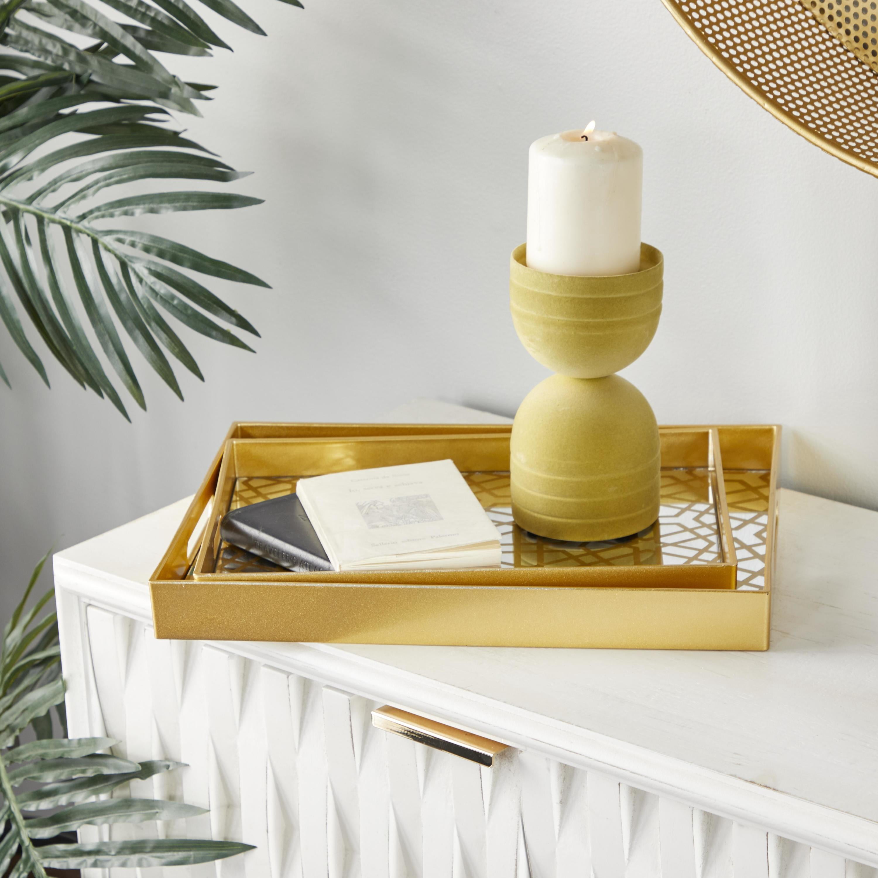CosmoLiving by Cosmopolitan 14", 16"W Gold Plastic Mirrored Geometric Tray, 2-Pieces