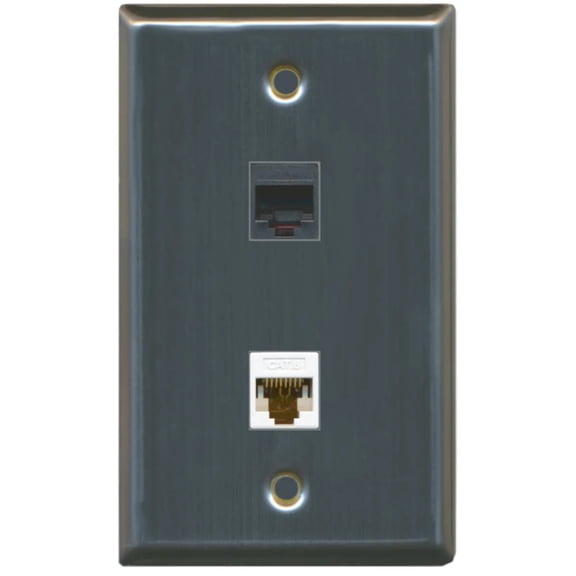 RiteAV - 1 RJ11 RJ12 Black Phone Port and 1 Cat6 Ethernet Port Wall Plate - Stainless Steel