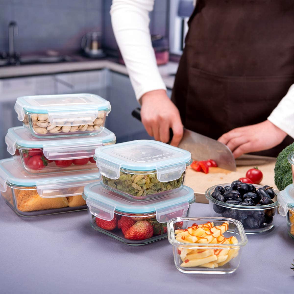 AILTEC Contenedores de vidrio para almacenamiento de alimentos con tapas,  [18 piezas] recipientes de preparación de comidas para almacenamiento de