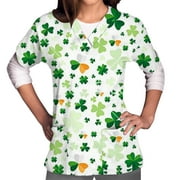 Uheoun Womens Tops St Patricks Day Scrubs for Women's Short Sleeved V-neck Shirt St Patrick Printed With Pocket Protector
