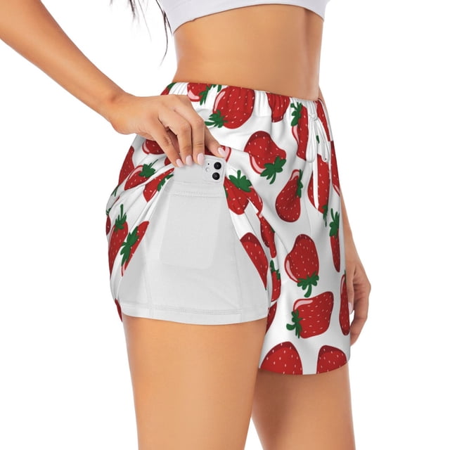 Balery Hand Drawn Strawberry Pantalones cortos deportivos para mujer con forro y dos bolsillos, elásticos, para entrenamiento, gimnasio, yoga-XX-Large