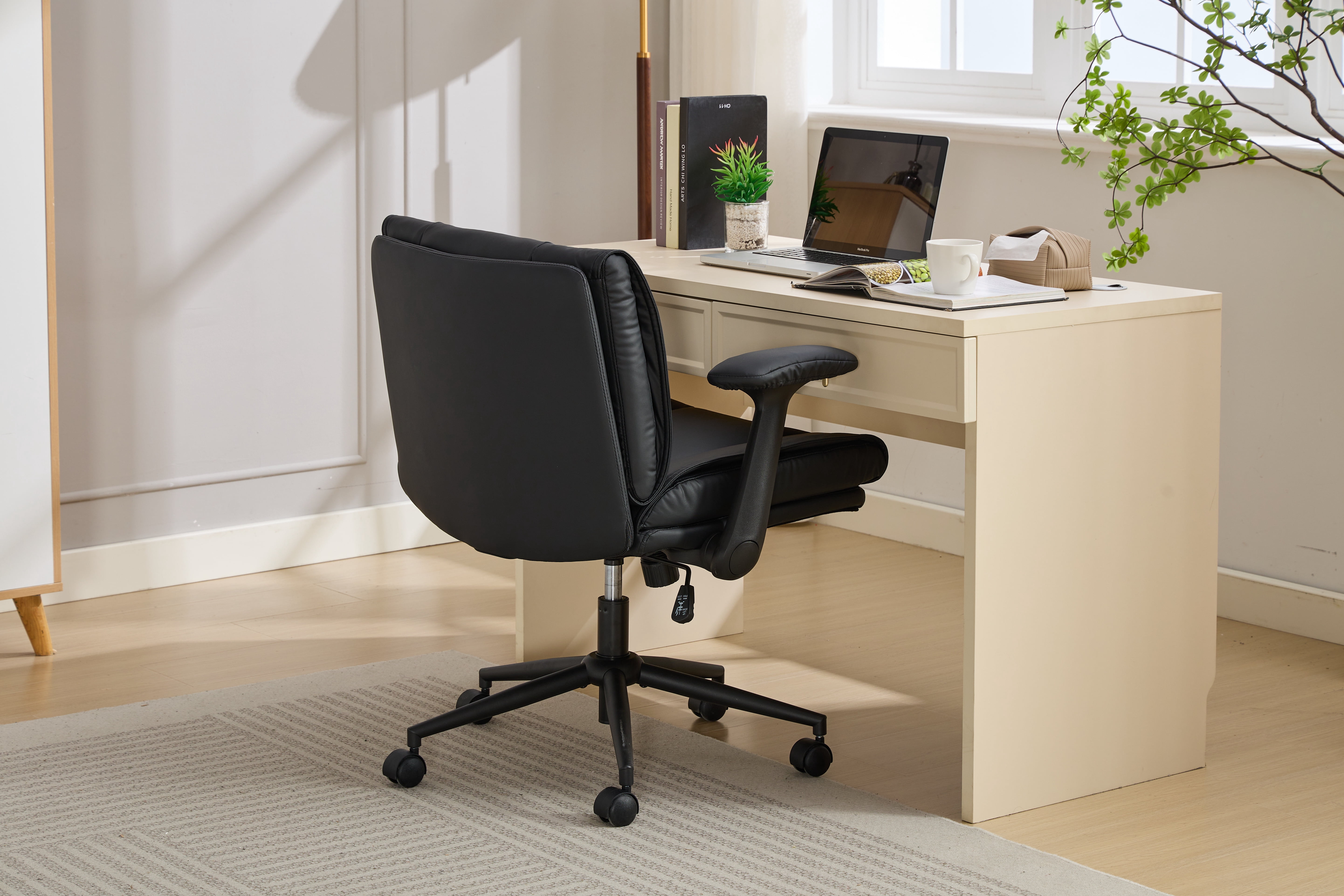 Cross Legged Office Chair on Wheels, Comfy Swivel Chair with Wide Seat for Home Office, Vanity, Ergonomic Desk Chair Adjustable, Black