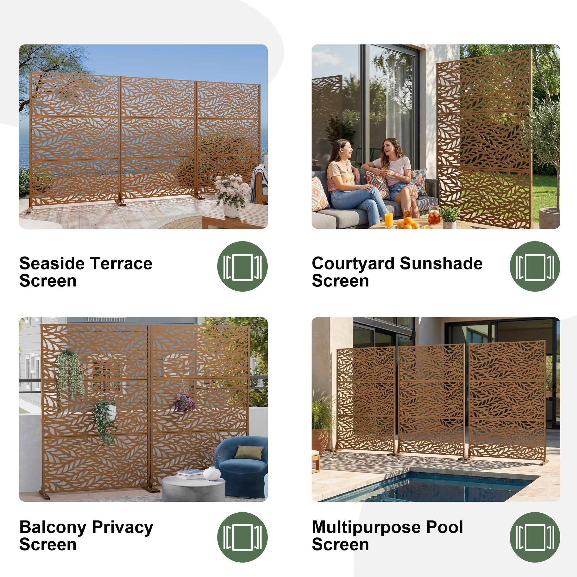MAYEERTY Brown Rectangular Galvanized Metal Privacy Screen, Outdoor Garden Patio, 72×47×16in, 3 Panels