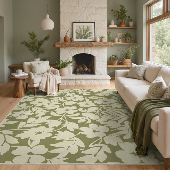 KUETH 8x10 Vintage Floral Area Rugs Machine Washable Rugs for Living Room, Non Slip Flat Pile Rug with Rubber Backing, Boho Rug for Entryway Bedroom Dining Room Home Office