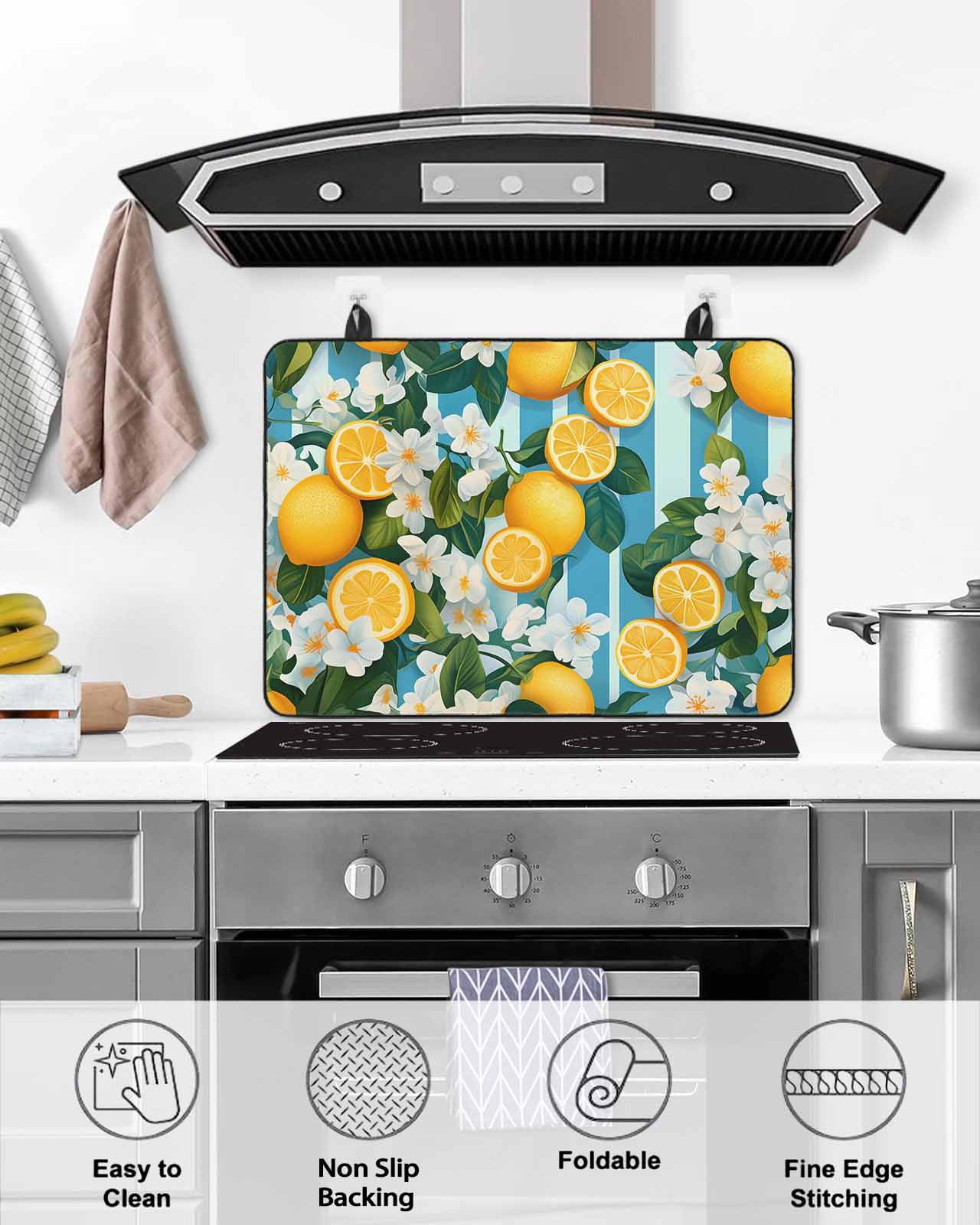 nqOlkjepod Large Induction Cooktop Protector Mat 24"x21", Yellow Lemon Stove Top Covers for Electric Stove, Summer Fruit Floral Blue Stripe Watercolor Stove Burner Cover Mats, Glass Top Stove Cover