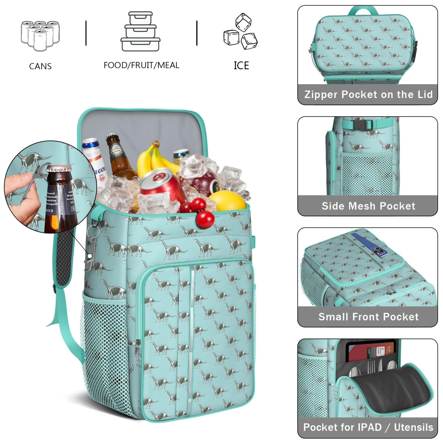 Travel Cooler Bag - LightBlue Cartoon Dinosaurs Skeletons Pattern Camping Beer Cooler Backpack with Bottle Opener- Waterproof Insulated Picnic Backpacks - Cooler Bag for Beach