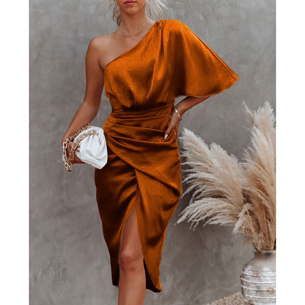 Women One Shoulder Batwing Sleeve Slim-Fit Midi Dress Sexy Asymmetrical  Ruched Wrap Split High Waist Bodycon Dresses - Walmart Business Supplies