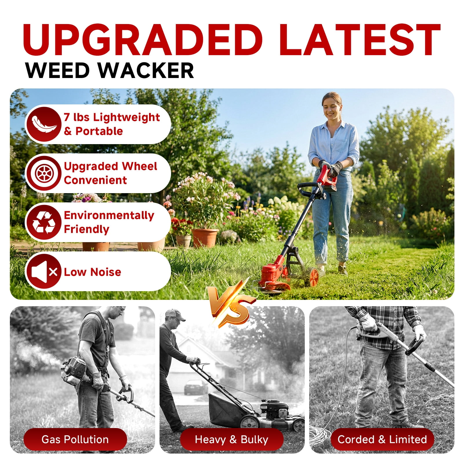 Tanbaby 6 inch Weed Eaters Cordless, Battery Powered Weed Wacker/String Trimmer/Brush Cutter, Lawn Edger with 3 Types of Blades for Lawn Yard Garden