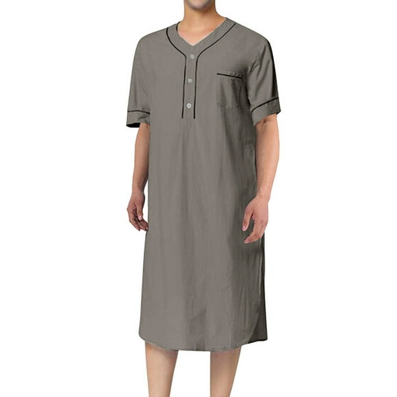 Fashnice Mens Nightshirt Short Sleeve Thobe Muslim Robe Loose Sleepwear Pajama Gray 3XL