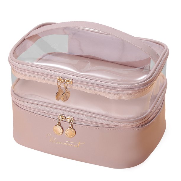 El maquillaje de doble capa empaqueta el bolso cosmético ligero de la PU del PVC para los regalos de vacaciones de las mujeres