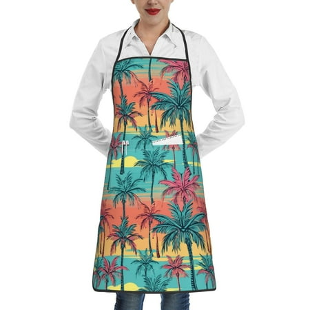 

Qekee Hawaii Palms Print Adjustable Bib Apron Resistant with Pocket Cooking Kitchen Aprons for Women Men Server Chef Apron