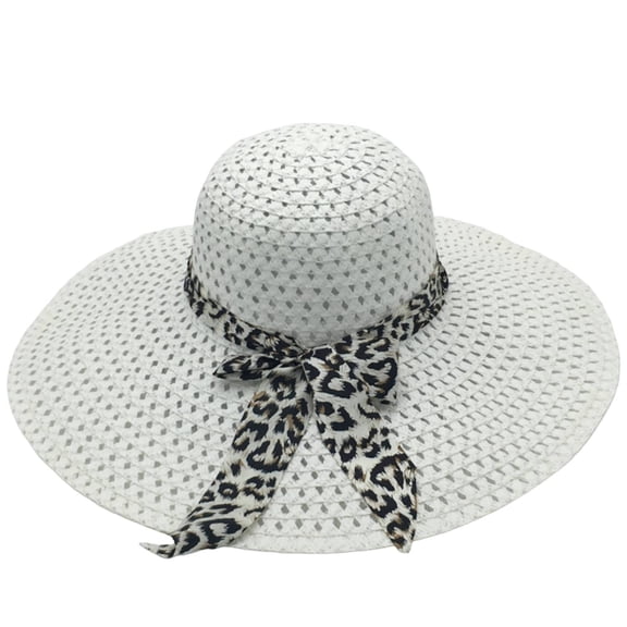 PoureLoom Women's Wide Brim Straw Sun Hat, Hollow Woven Floppy Beach Hat with Print Ribbon Bow, UV Protection Packable Summer Hat White One Size