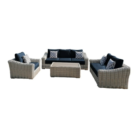 Hawaii Three-Tone Wicker Deep Seating Set in Blue Cushion